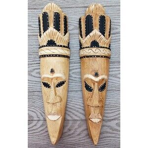 VTG Set of 2 Hand Carved Wooden Tribal Art Masks Wall Decor Hanging Wood Painted